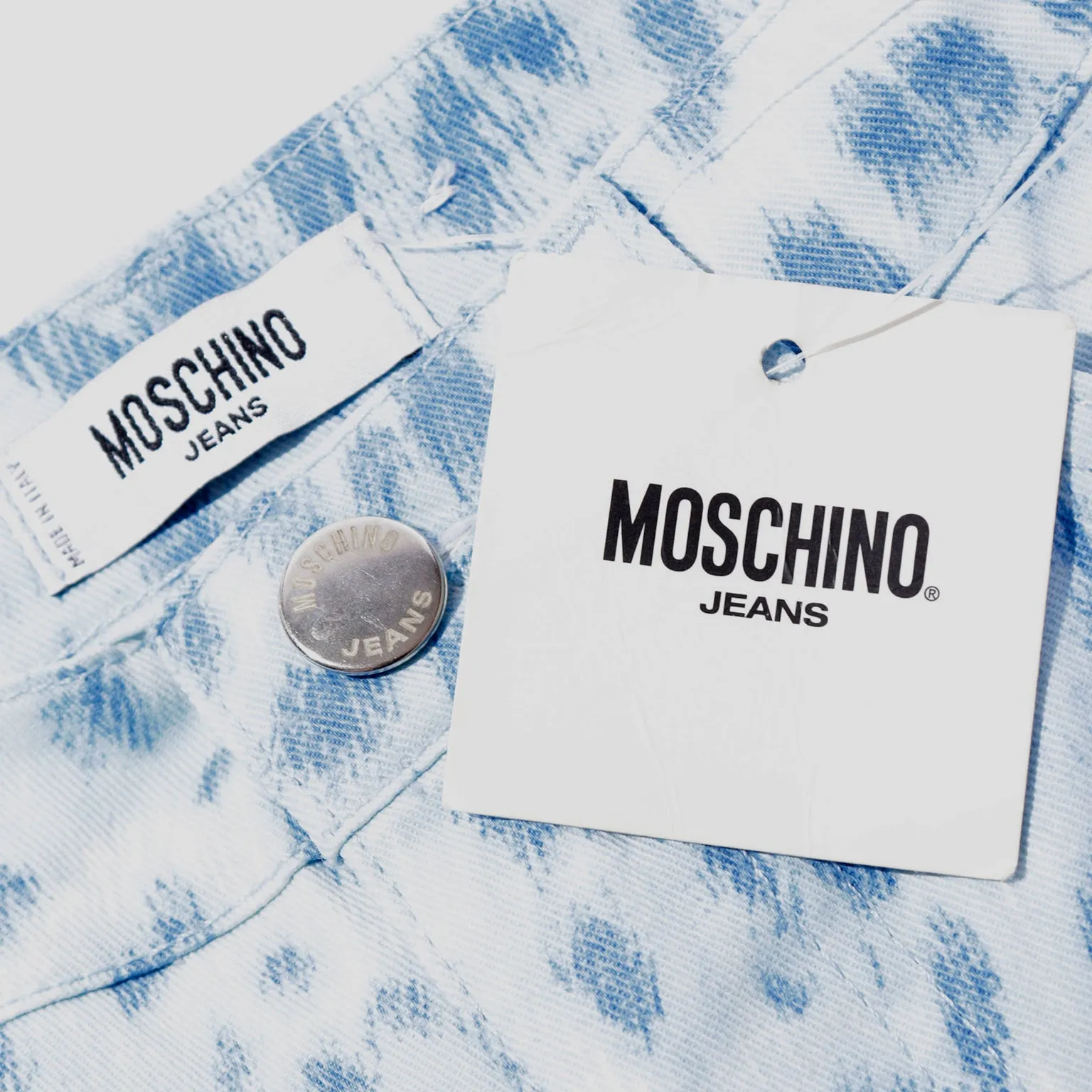 1990s Deadstock Moschino Pants Blue Leopard Print Jeans with Tag