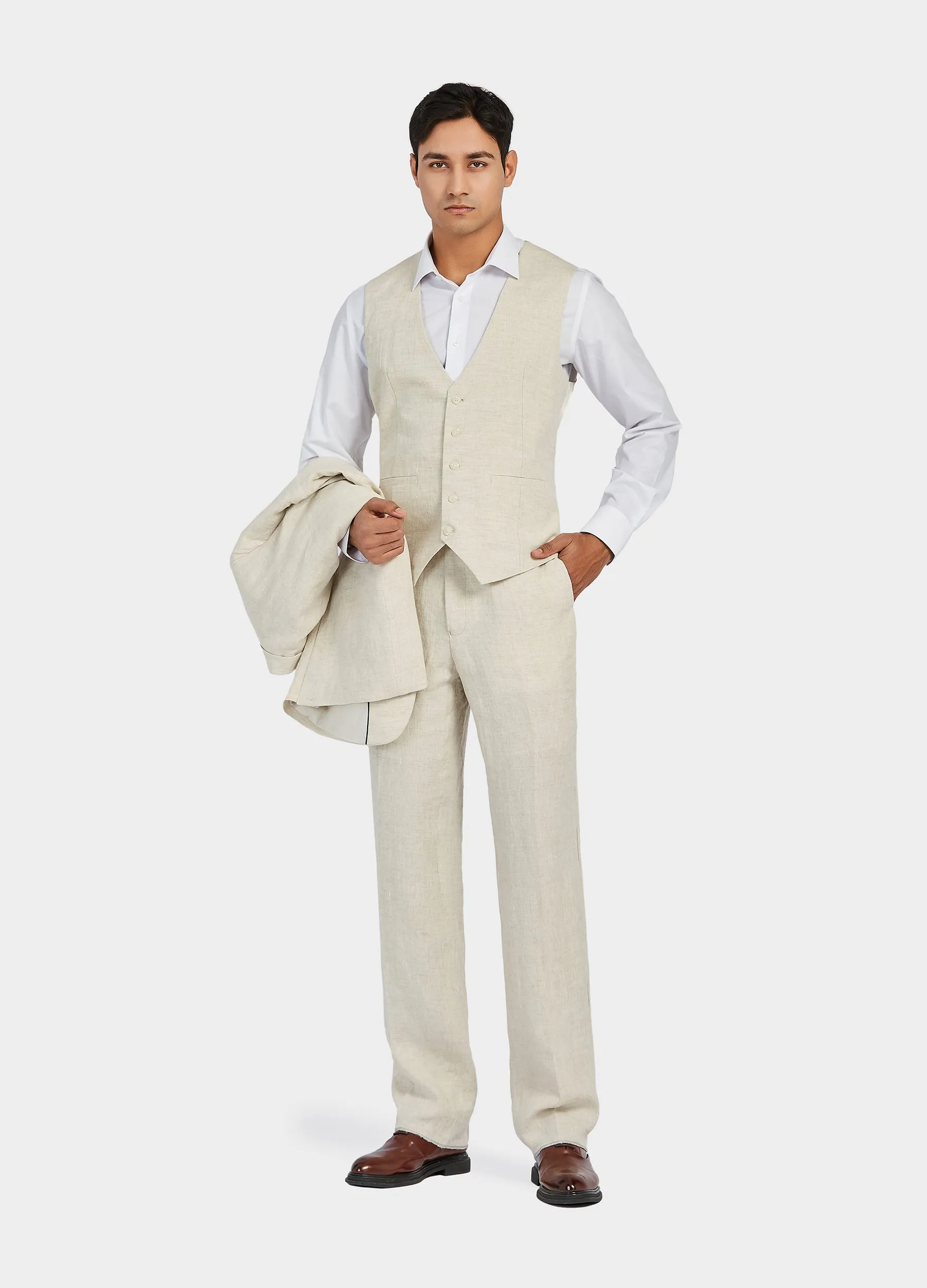 1PA1 Men's 3 Pieces 100% Linen Slim Fit Vested Suit, Wedding Tuxedo - Two Button Jacket, Vest & Pants