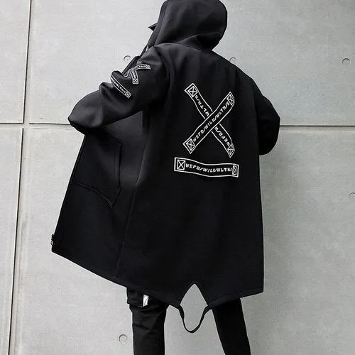 2019 Autumn Mens Cardigan Long Hooded Jacket Harajuku Style Men's Casual  Windbreaker Jacket Fashion Brand Printing Mens Jacket