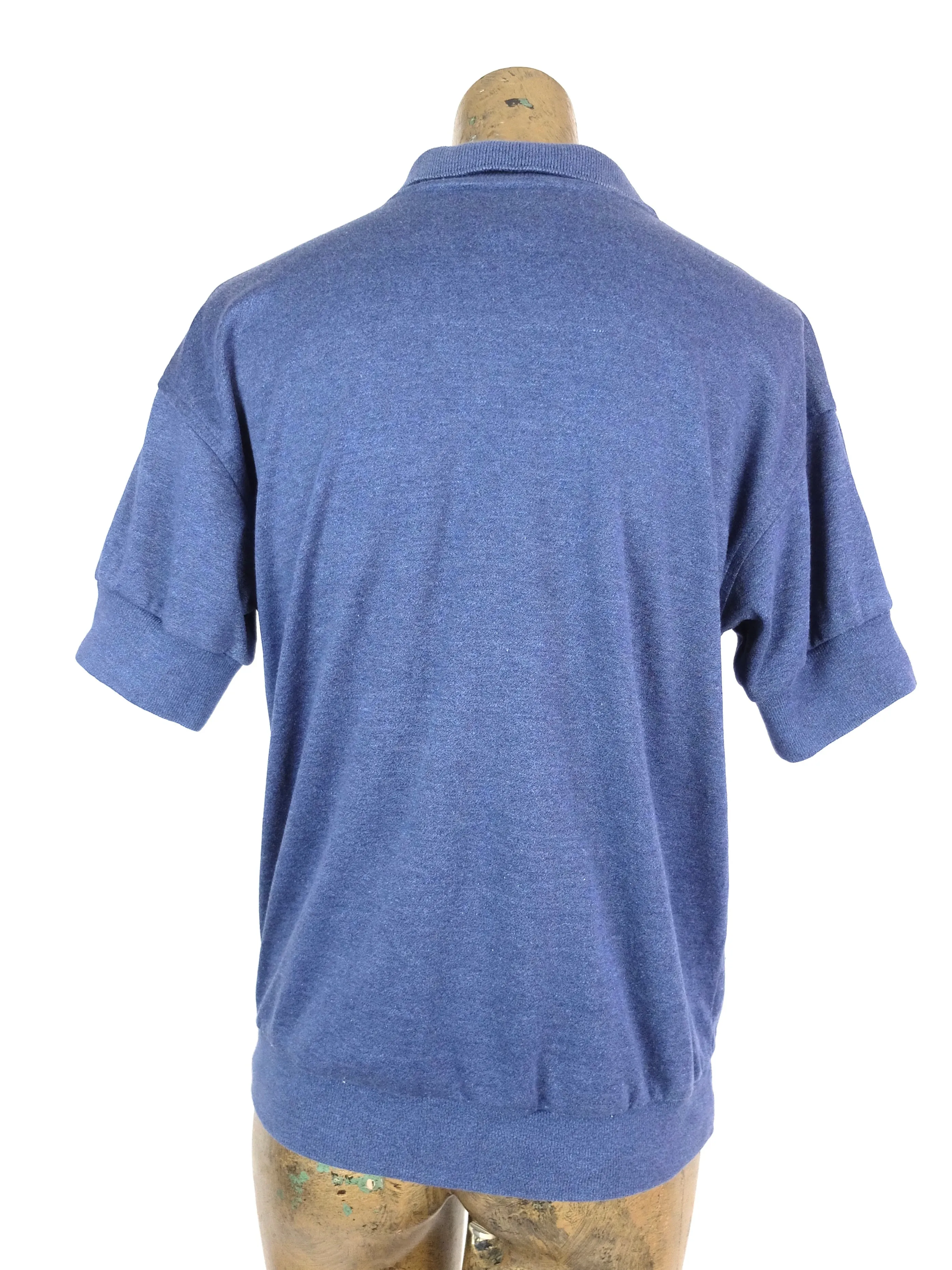 80s Blue Collared Short Sleeve 1/4 Button Up Polo Shirt