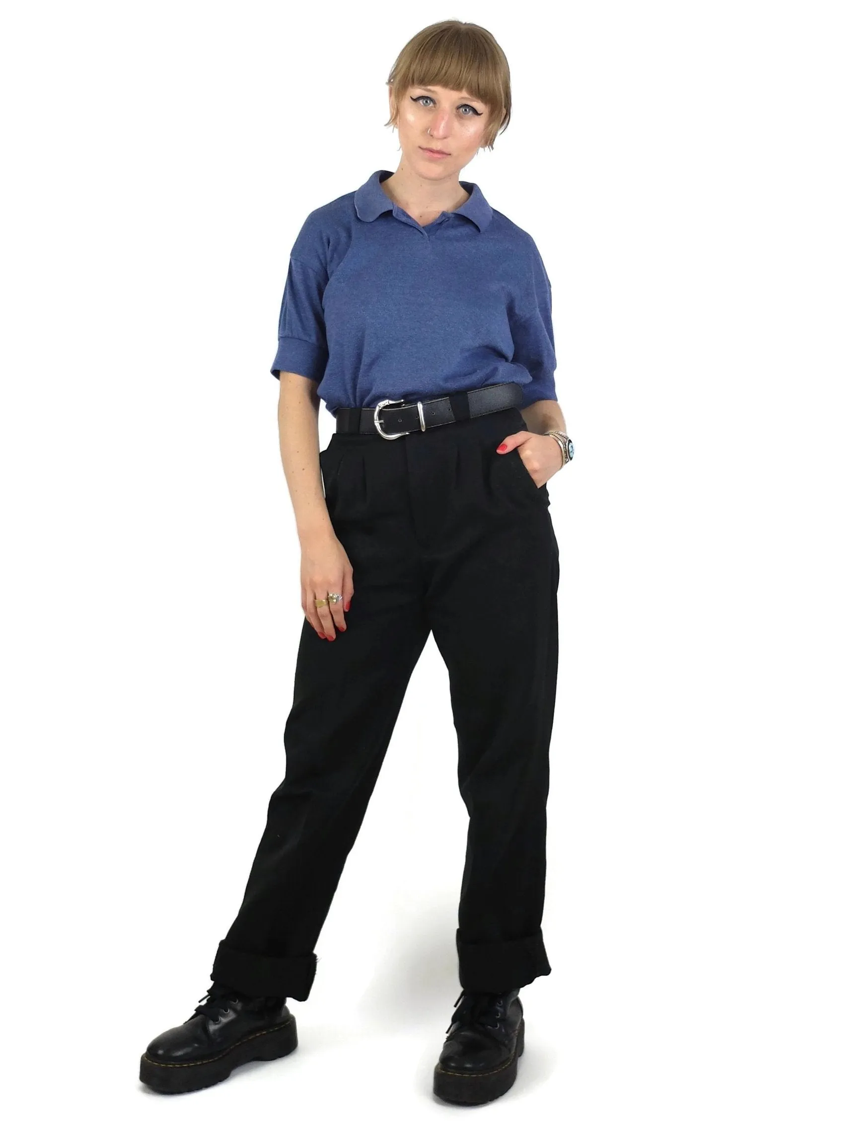80s Blue Collared Short Sleeve 1/4 Button Up Polo Shirt