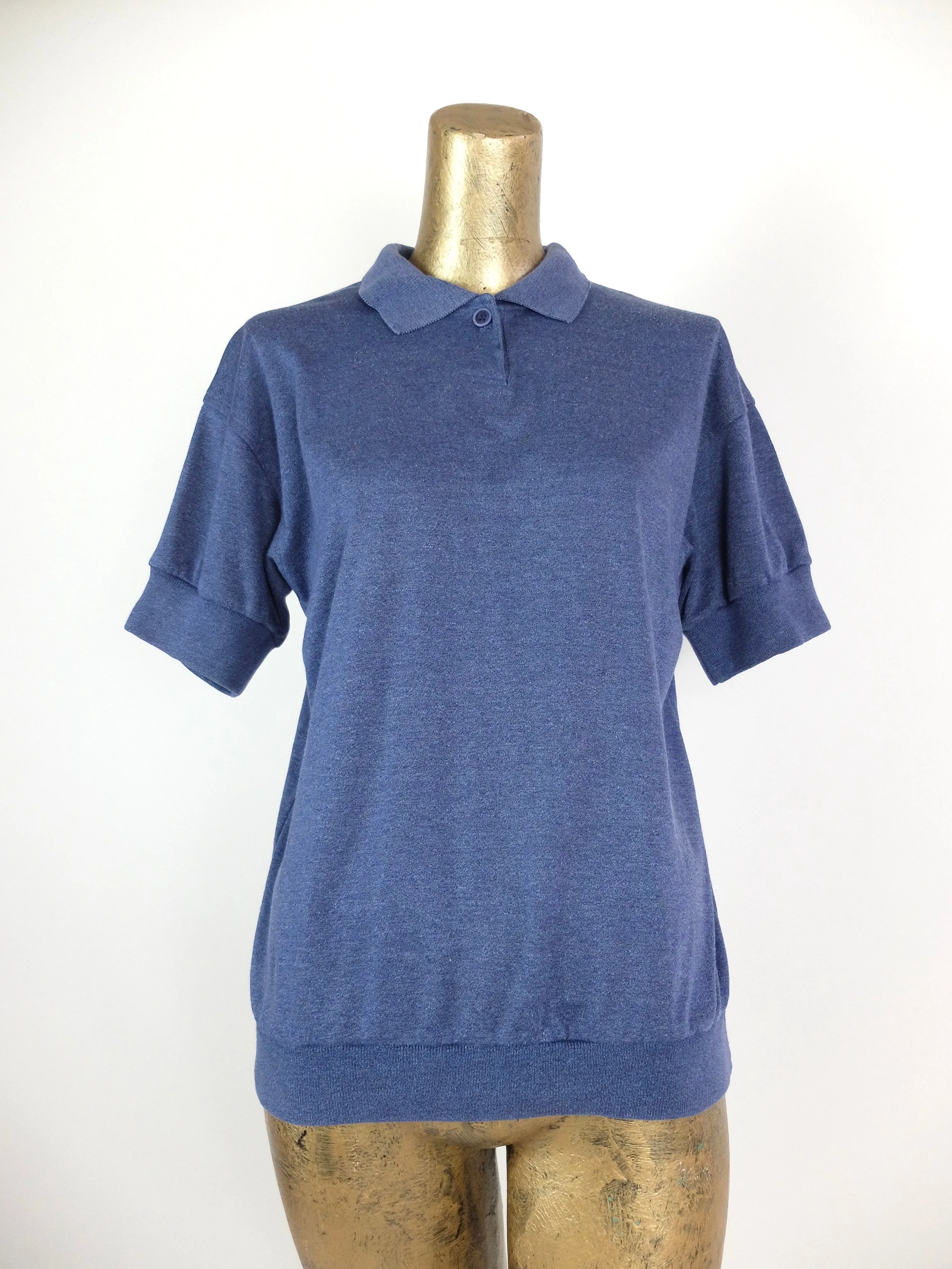 80s Blue Collared Short Sleeve 1/4 Button Up Polo Shirt