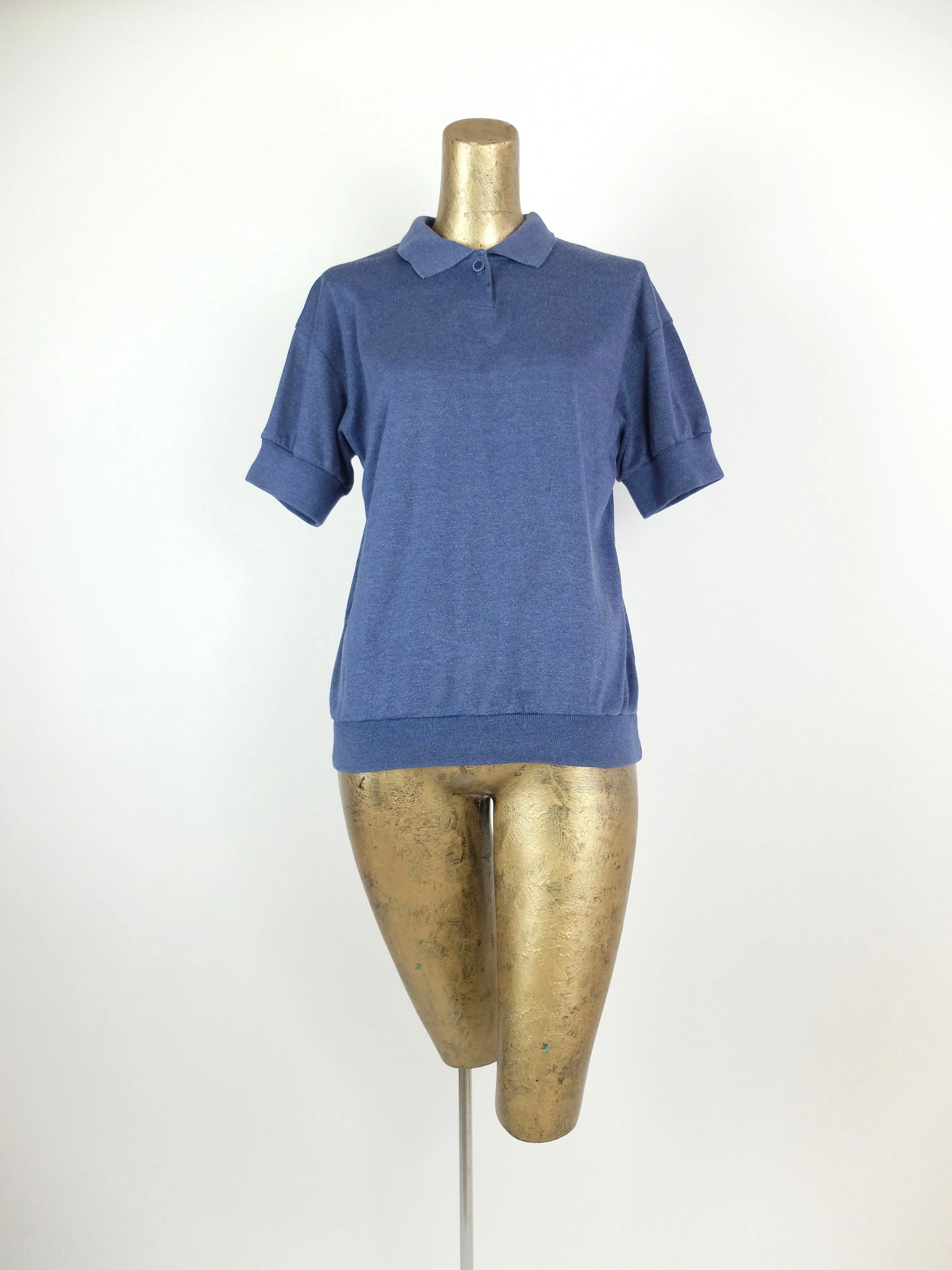 80s Blue Collared Short Sleeve 1/4 Button Up Polo Shirt