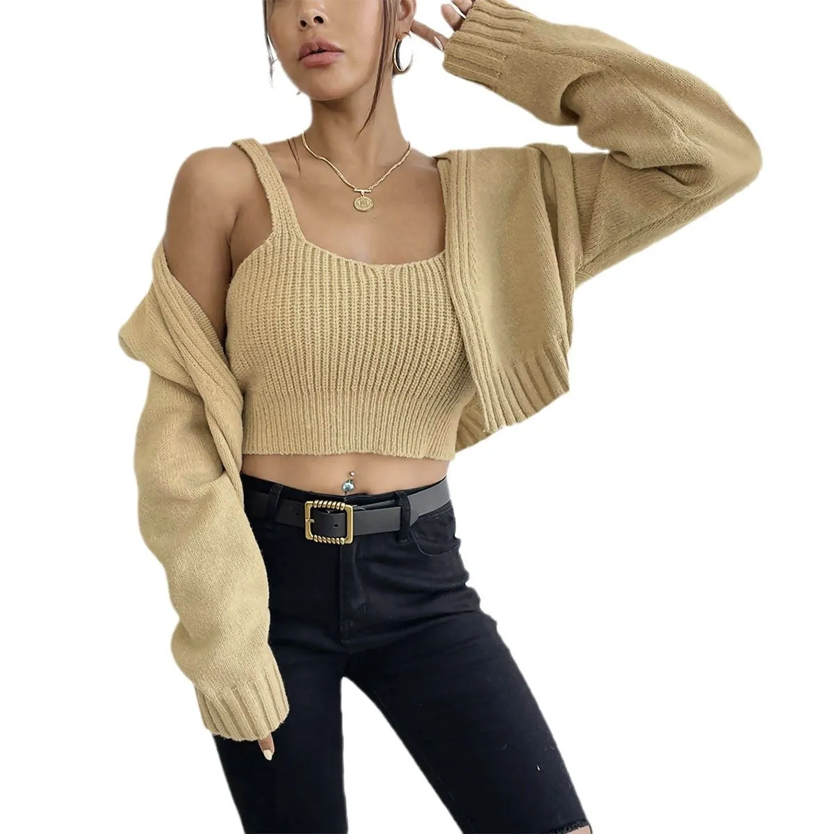 Amozae business casual outfits Short Sweater Coat Wild Wind Sling Suit Thick Soft Navel Sling Small Sweater Two-Piece Set