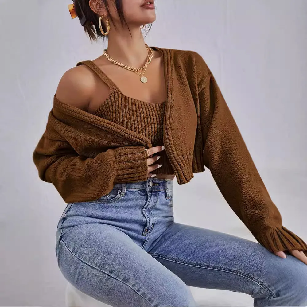 Amozae business casual outfits Short Sweater Coat Wild Wind Sling Suit Thick Soft Navel Sling Small Sweater Two-Piece Set