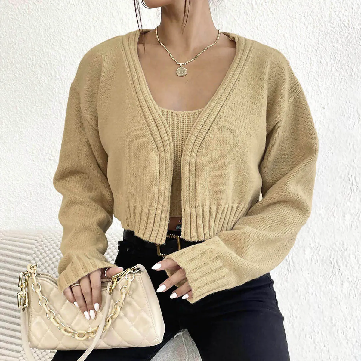 Amozae business casual outfits Short Sweater Coat Wild Wind Sling Suit Thick Soft Navel Sling Small Sweater Two-Piece Set