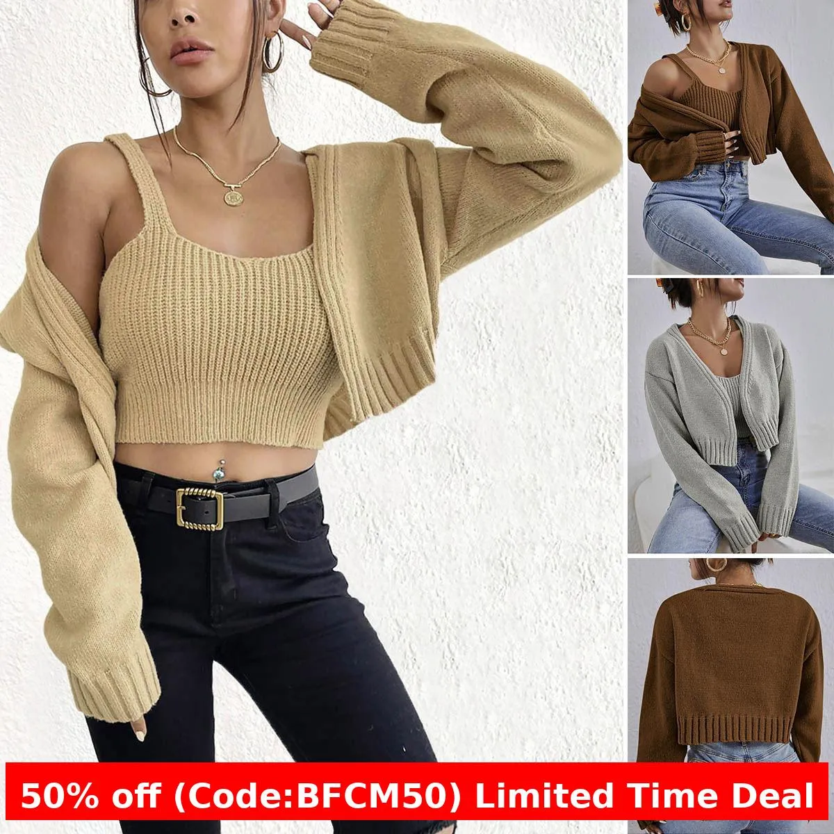 Amozae business casual outfits Short Sweater Coat Wild Wind Sling Suit Thick Soft Navel Sling Small Sweater Two-Piece Set
