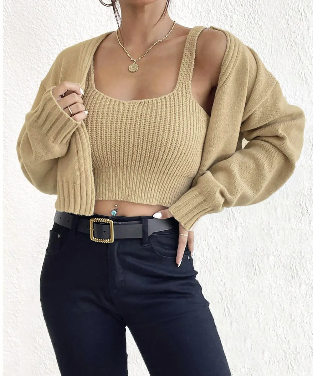 Amozae business casual outfits Short Sweater Coat Wild Wind Sling Suit Thick Soft Navel Sling Small Sweater Two-Piece Set