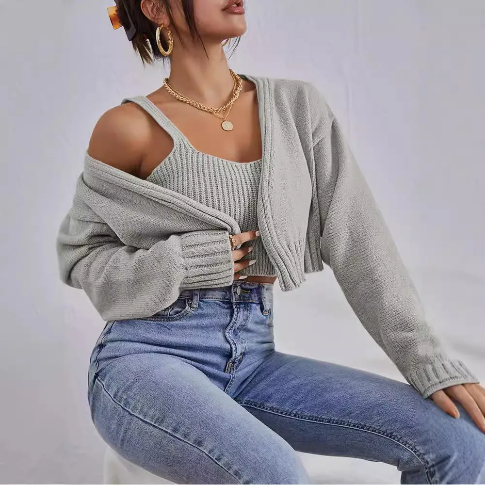 Amozae business casual outfits Short Sweater Coat Wild Wind Sling Suit Thick Soft Navel Sling Small Sweater Two-Piece Set