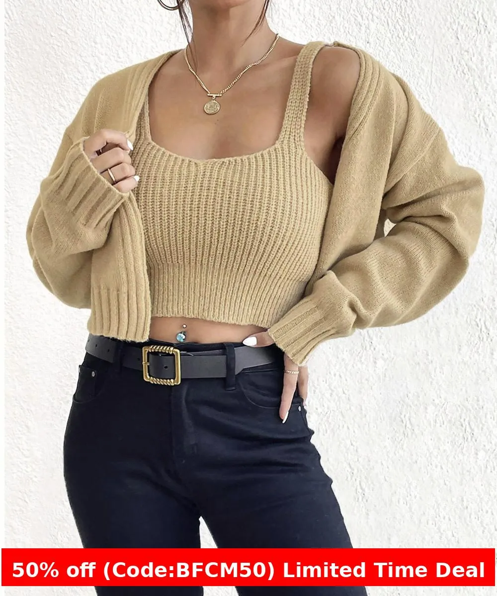 Amozae business casual outfits Short Sweater Coat Wild Wind Sling Suit Thick Soft Navel Sling Small Sweater Two-Piece Set