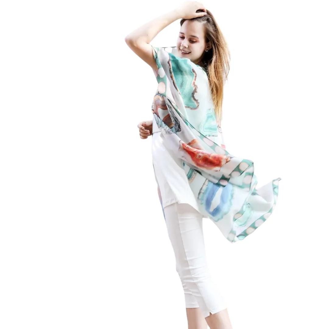 Aqua Crystal Stone Print Sheer Kimono