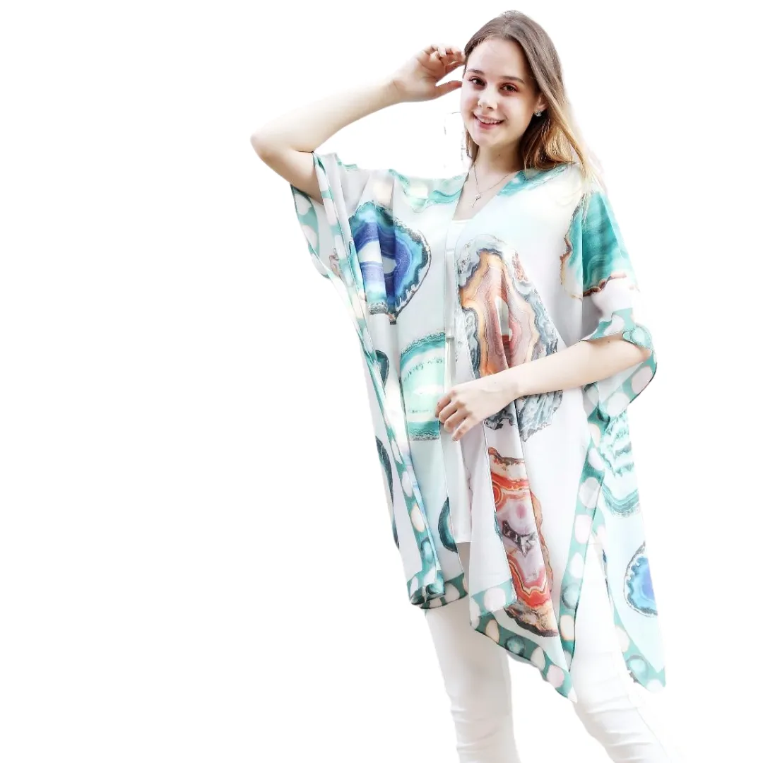Aqua Crystal Stone Print Sheer Kimono