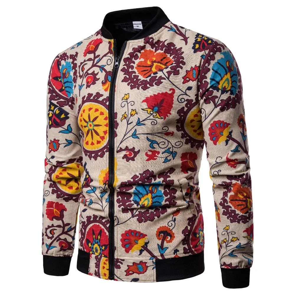 Autumn Chinese Flower Print Men Casual Jacket