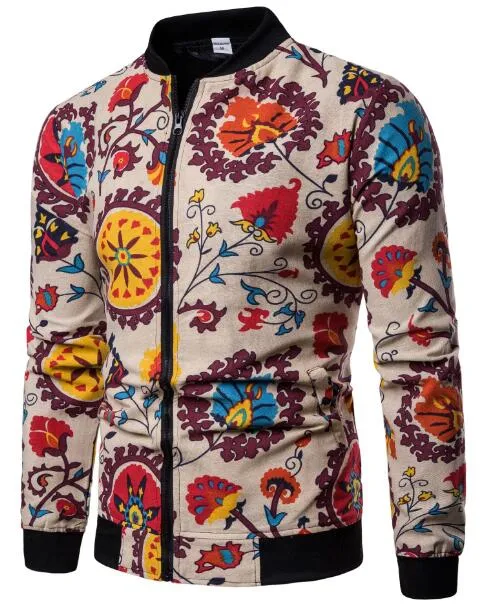 Autumn Chinese Flower Print Men Casual Jacket