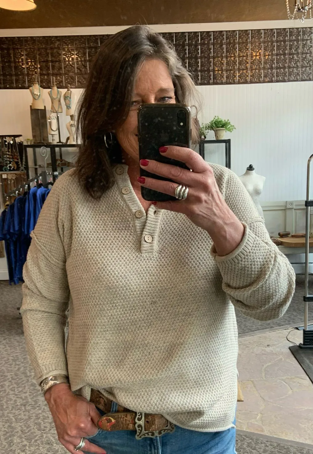 Beige Henley Button Sweater- S/M to 2X/3X