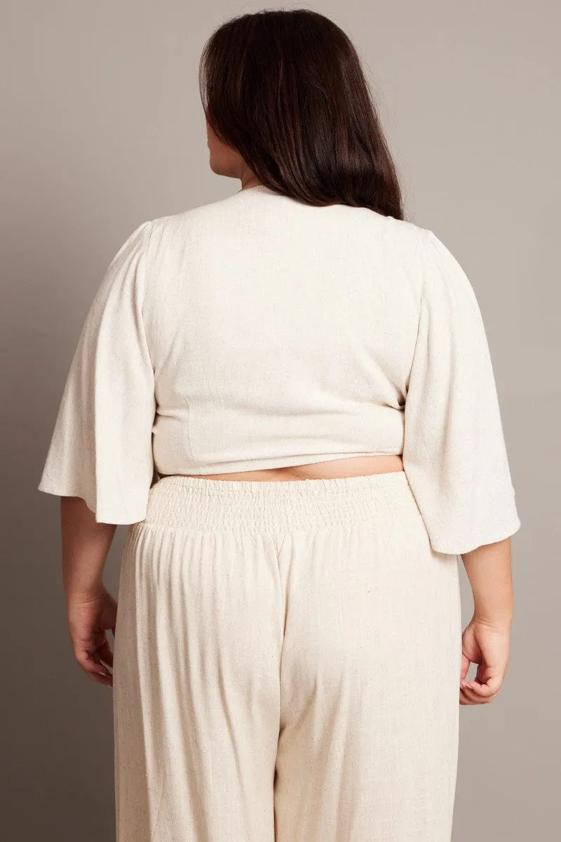 Beige Linen Blend Tie Front Flare Sleeve Bolero Jacket