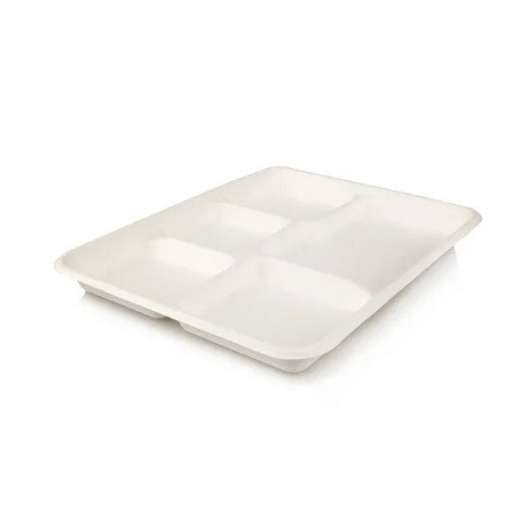 Biodegradable Sugar Cane Serving Platter 5-Compartment Airliner Tray Small 10pack