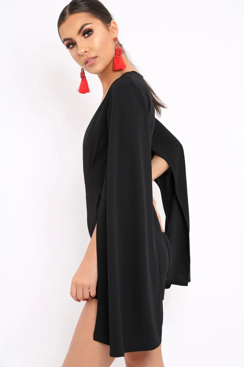 Black Extreme Plunge Cape Playsuit - Haylo
