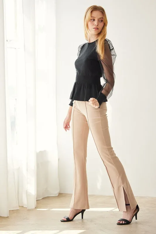 Black Organza Puff Sleeve Peplum Detailed Sweater