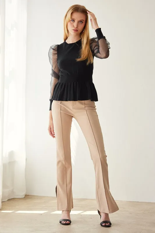 Black Organza Puff Sleeve Peplum Detailed Sweater