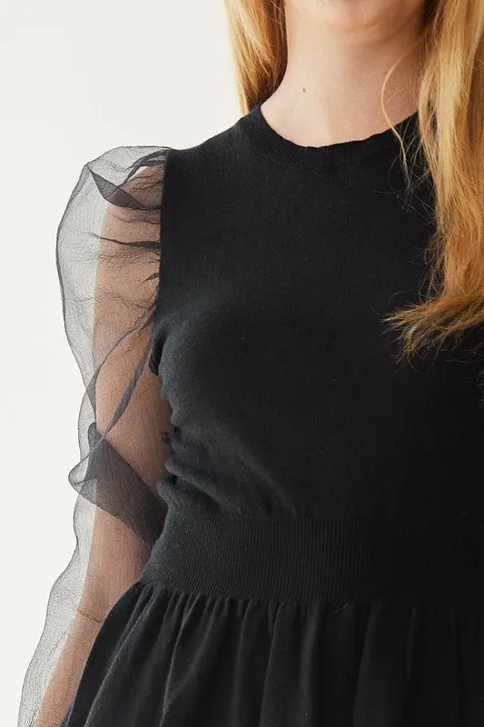 Black Organza Puff Sleeve Peplum Detailed Sweater