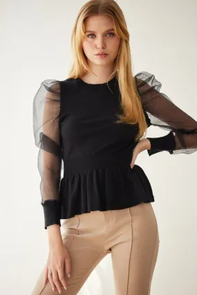 Black Organza Puff Sleeve Peplum Detailed Sweater