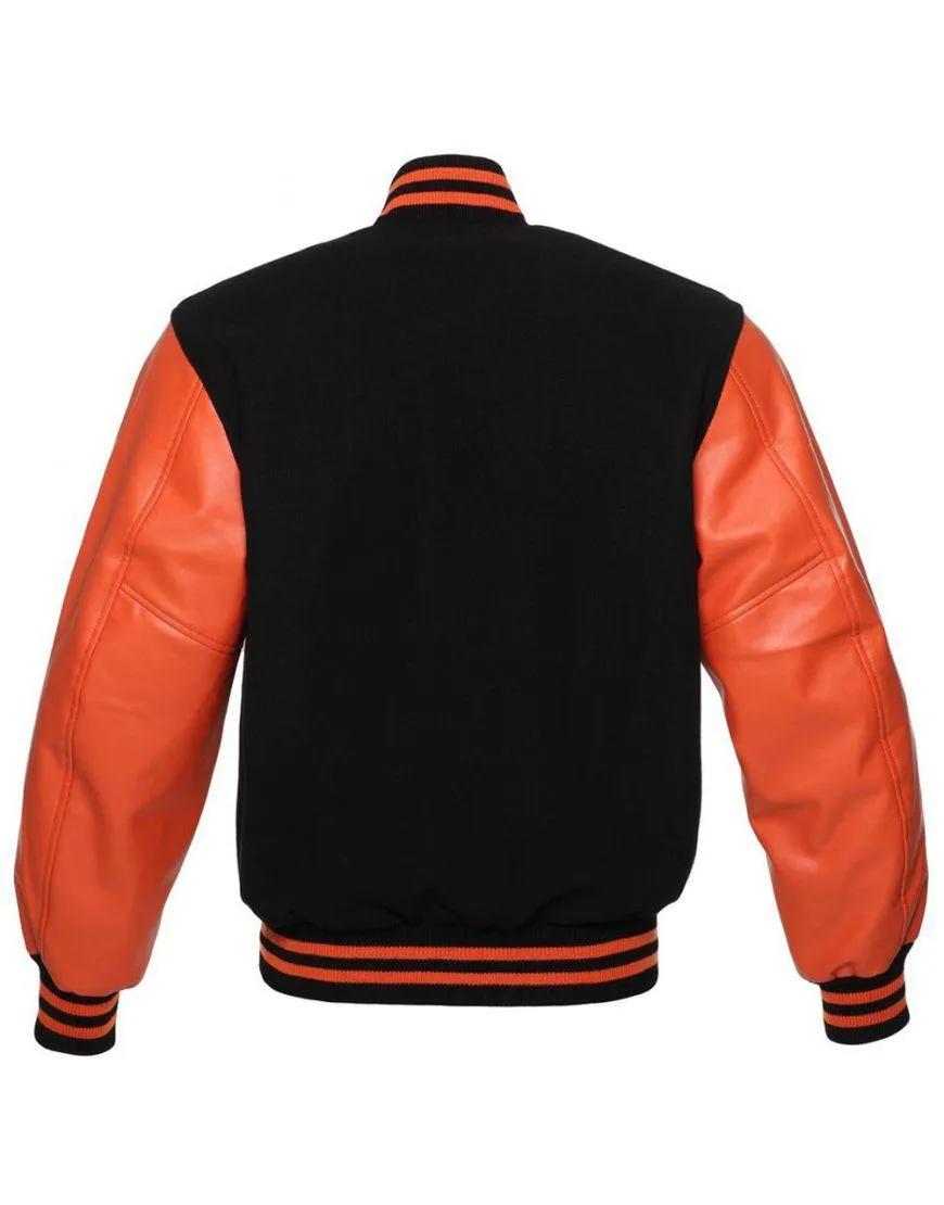 Black Varsity Jacket Womens with Orange Leather Sleeves