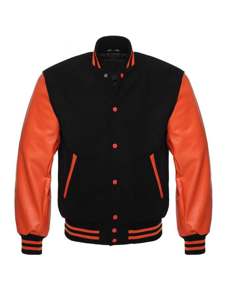 Black Varsity Jacket Womens with Orange Leather Sleeves