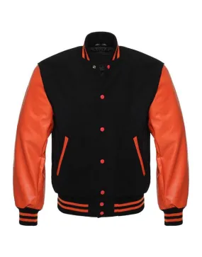 Black Varsity Jacket Womens with Orange Leather Sleeves