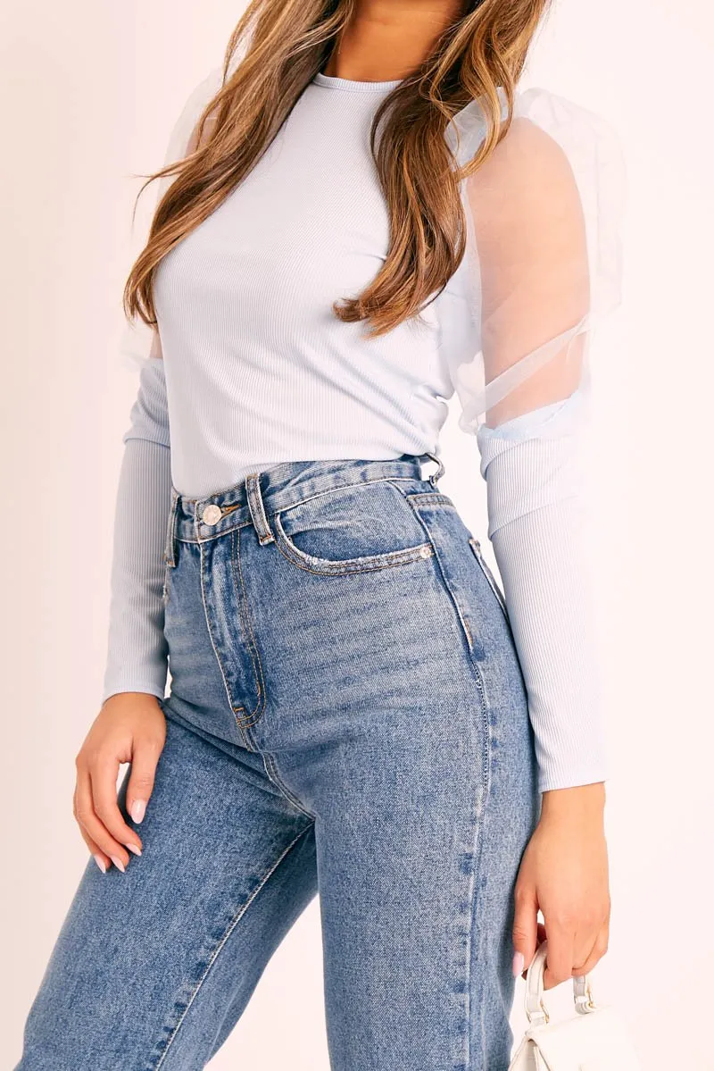 Blue Organza Half Puff Sleeve Top - Isla