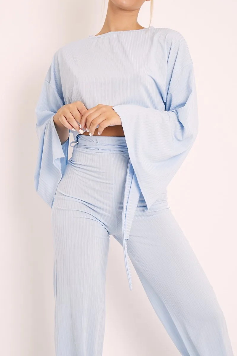 Blue Rib Crop Jumper Tie Wide Leg Trousers Loungewear Co-Ord - Mirabel