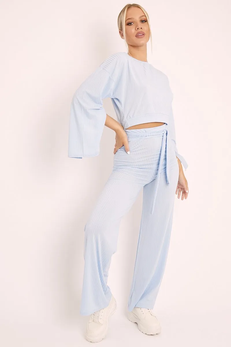 Blue Rib Crop Jumper Tie Wide Leg Trousers Loungewear Co-Ord - Mirabel