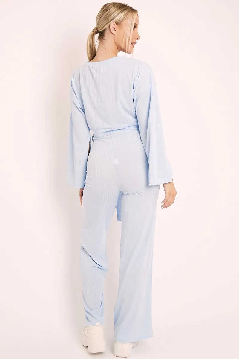 Blue Rib Crop Jumper Tie Wide Leg Trousers Loungewear Co-Ord - Mirabel