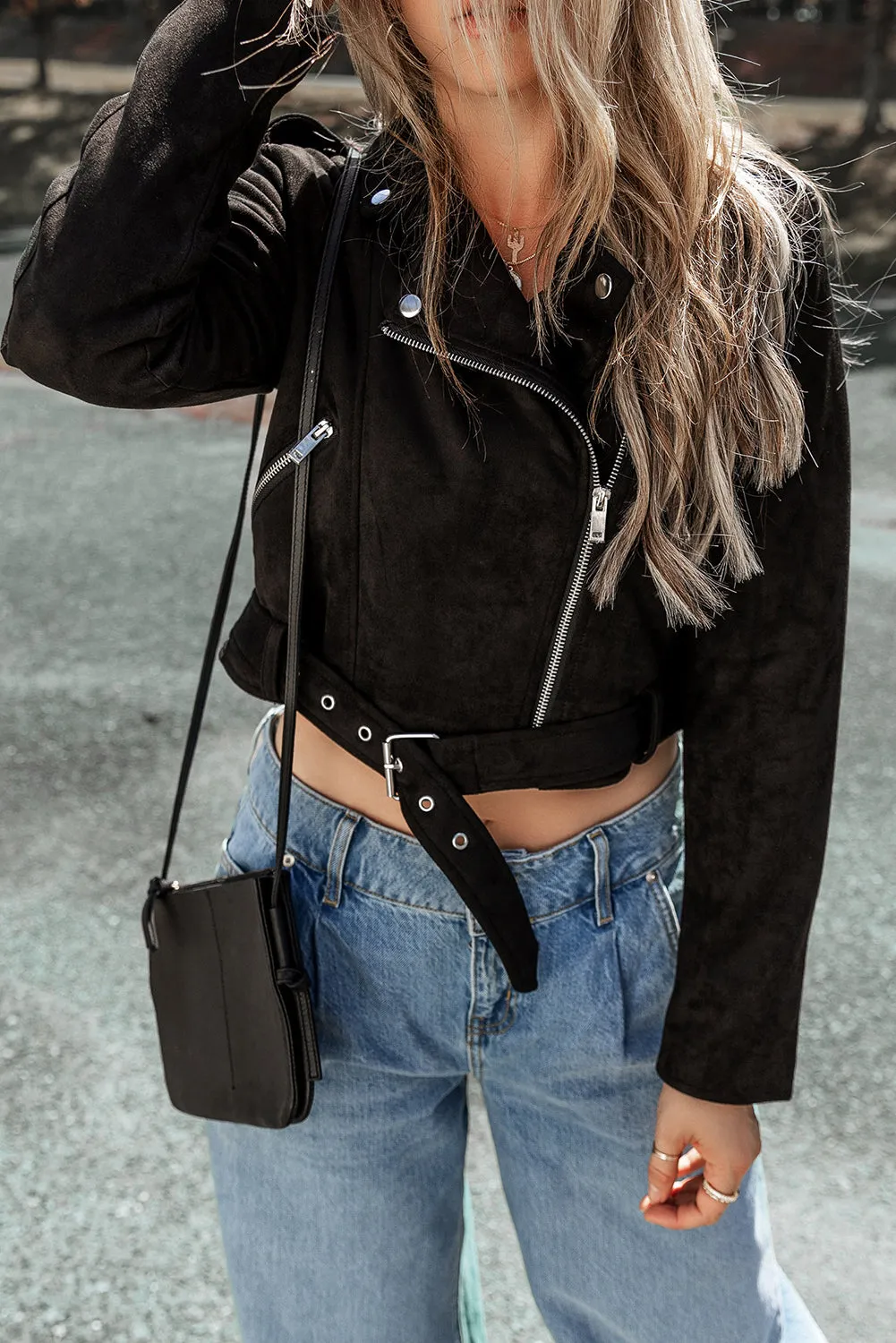 Blue Zone Planet |  Black Asymmetric Zipper Belted Hem Jacket