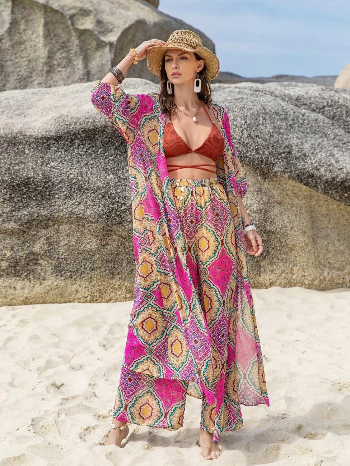 Boho Open Front Cardigan and Pants Set
