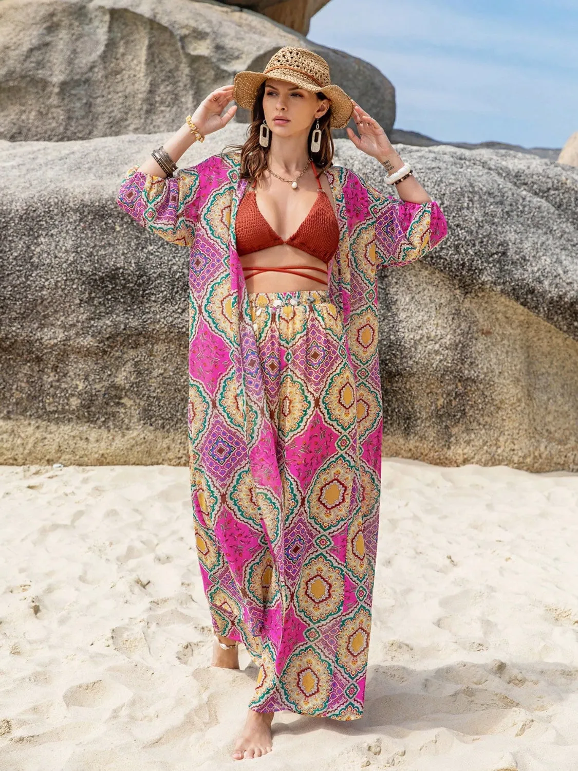 Boho Open Front Cardigan and Pants Set