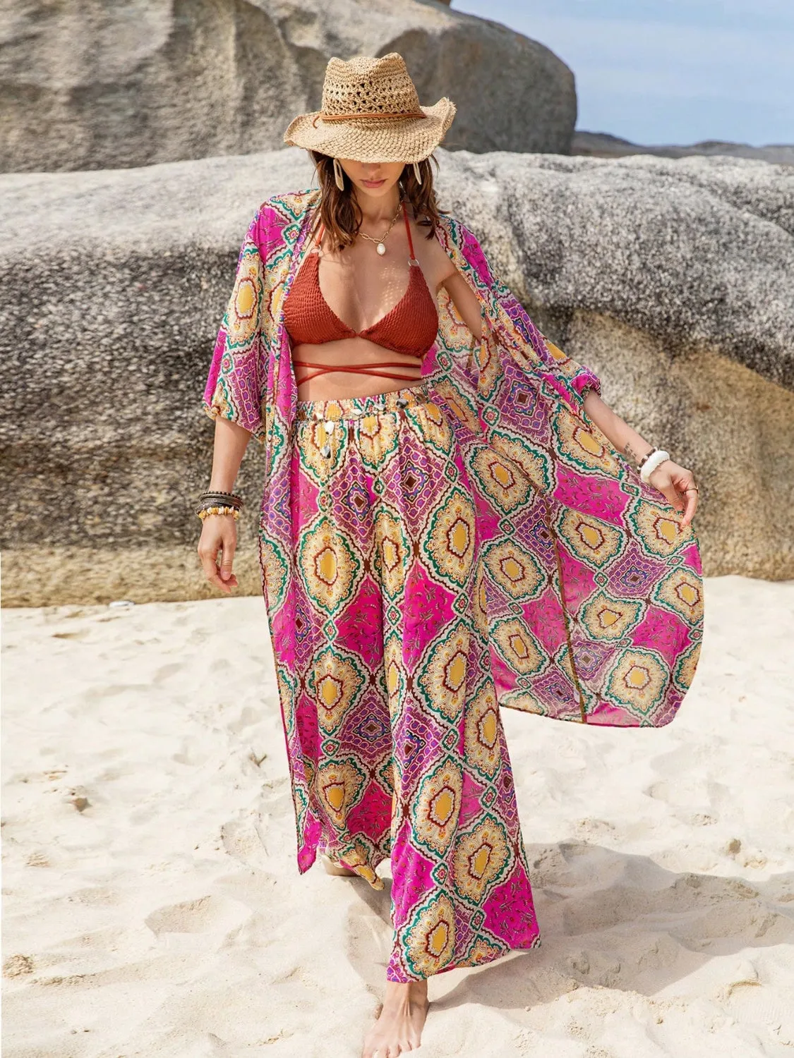 Boho Open Front Cardigan and Pants Set
