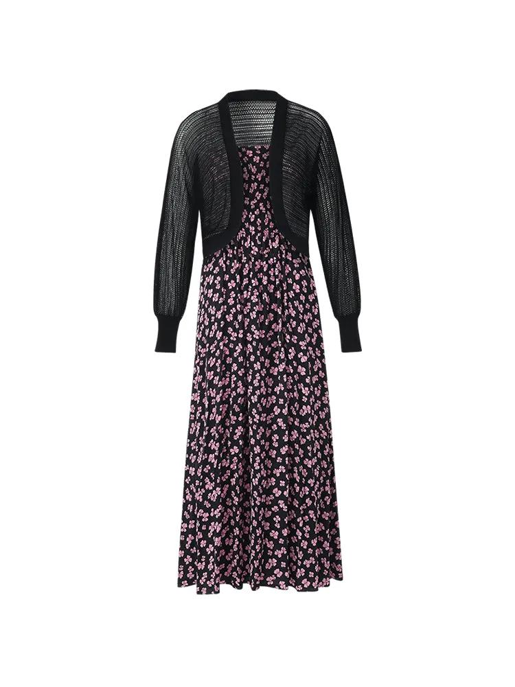 Bowknot Printed Spaghetti Strap Maxi Dress And Knitted Cardigan Two-Piece Set With Scrunchie