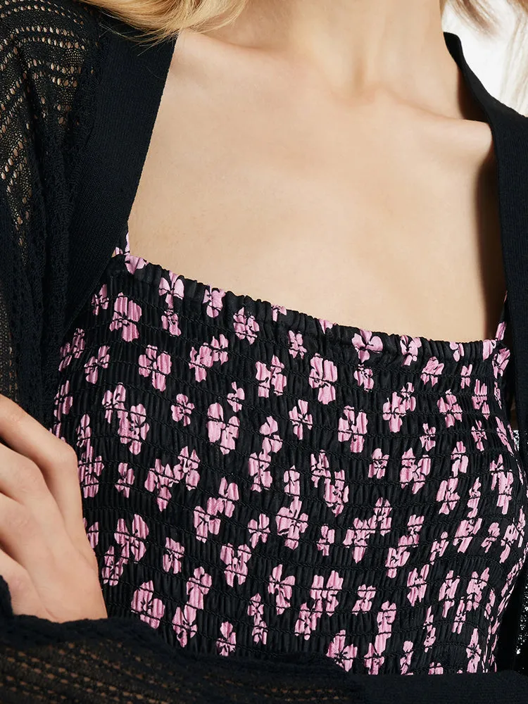 Bowknot Printed Spaghetti Strap Maxi Dress And Knitted Cardigan Two-Piece Set With Scrunchie