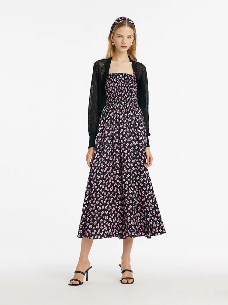 Bowknot Printed Spaghetti Strap Maxi Dress And Knitted Cardigan Two-Piece Set With Scrunchie