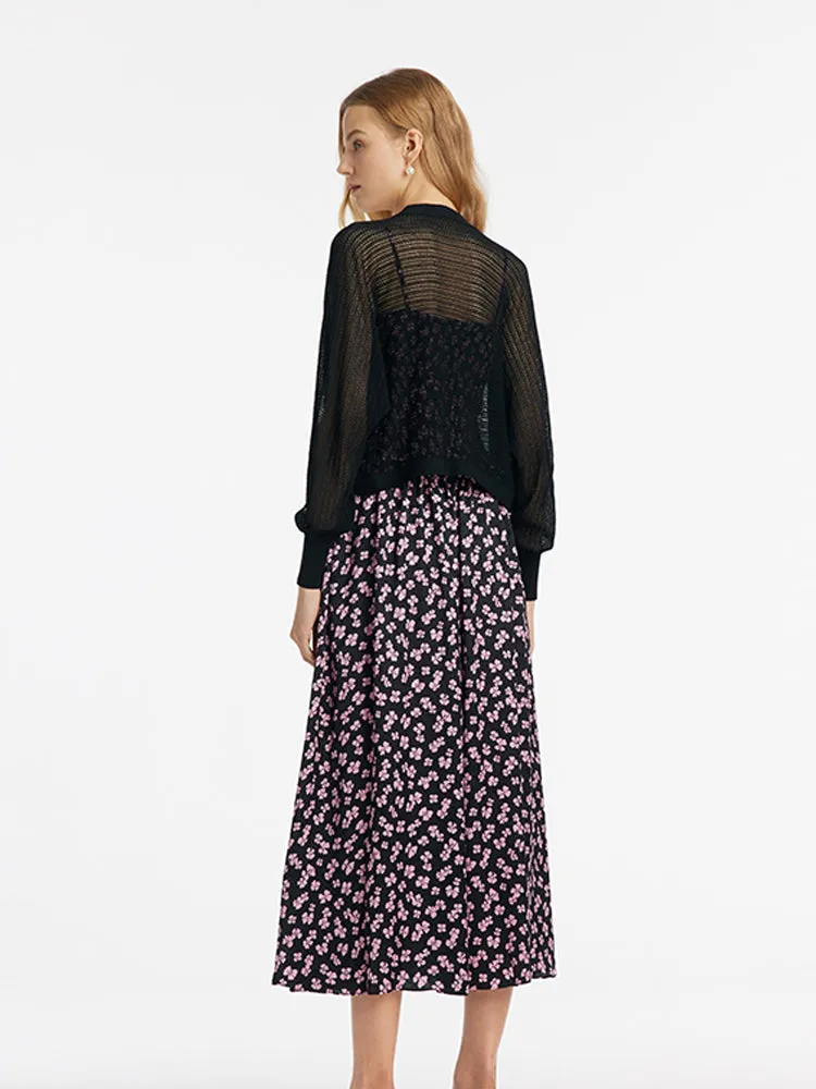 Bowknot Printed Spaghetti Strap Maxi Dress And Knitted Cardigan Two-Piece Set With Scrunchie