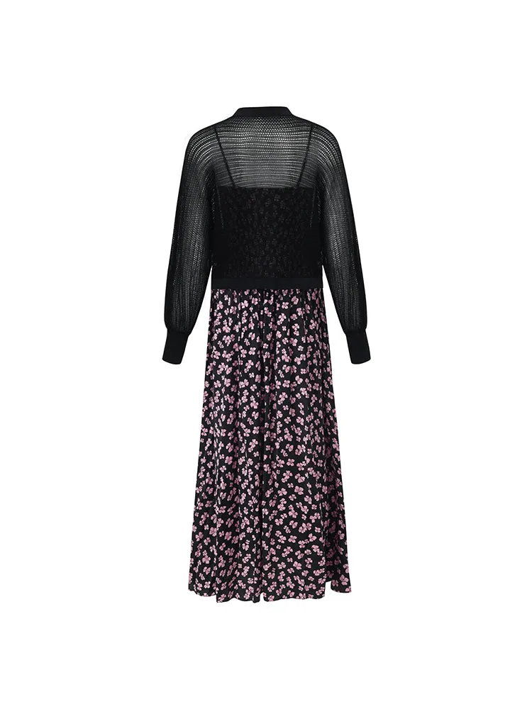 Bowknot Printed Spaghetti Strap Maxi Dress And Knitted Cardigan Two-Piece Set With Scrunchie