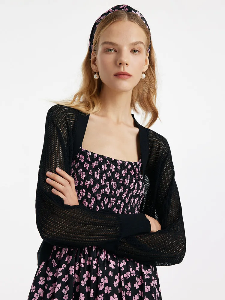 Bowknot Printed Spaghetti Strap Maxi Dress And Knitted Cardigan Two-Piece Set With Scrunchie