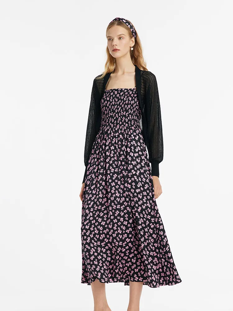 Bowknot Printed Spaghetti Strap Maxi Dress And Knitted Cardigan Two-Piece Set With Scrunchie