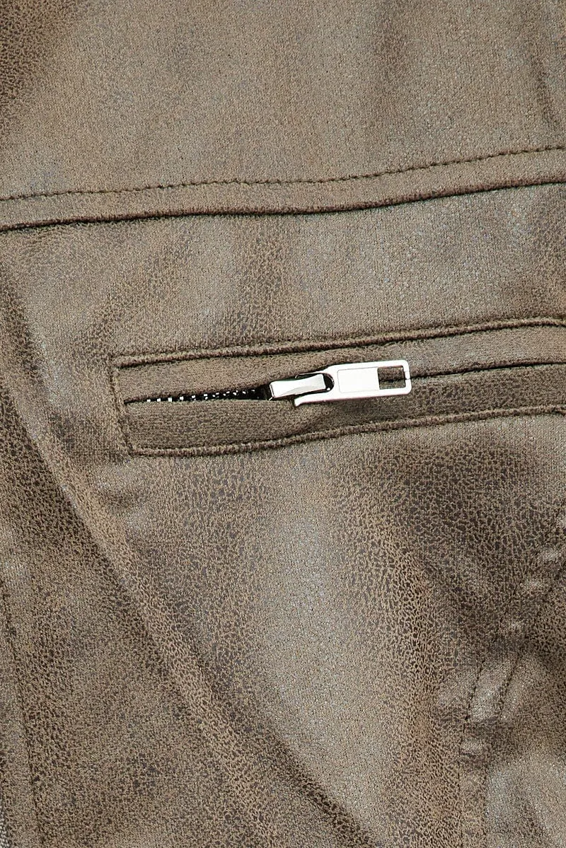 Brown Jacket Long Sleeve Crop Faux Leather