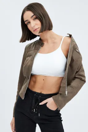 Brown Jacket Long Sleeve Crop Faux Leather