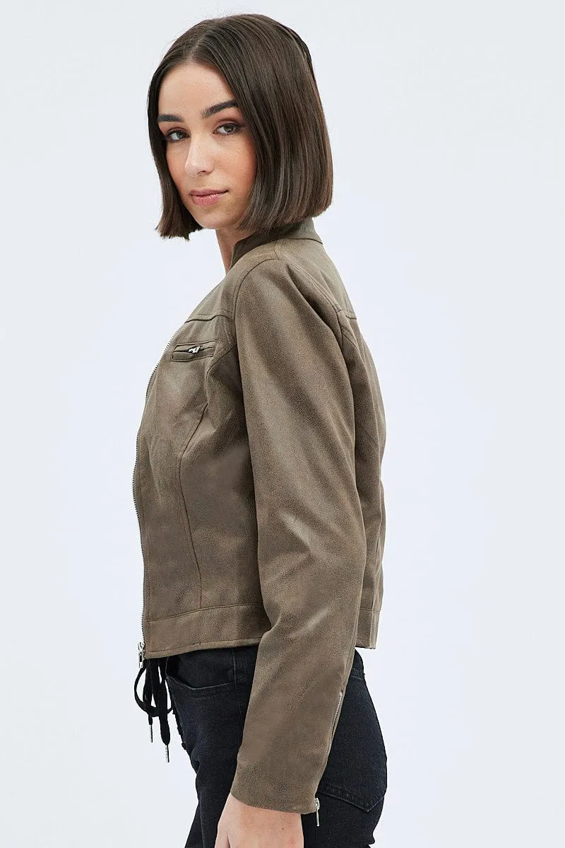 Brown Jacket Long Sleeve Crop Faux Leather