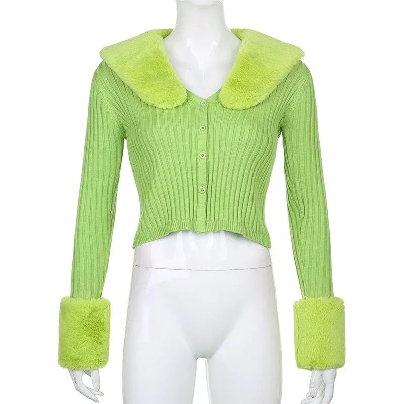 Button fluffy turnover collar knitted long sleeve cardigan top