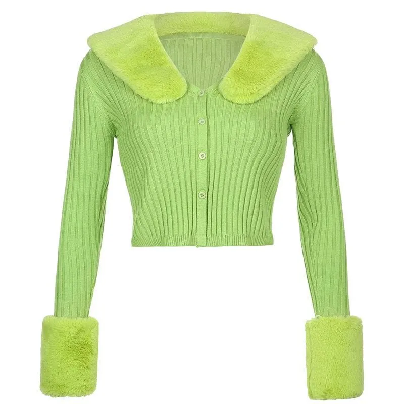 Button fluffy turnover collar knitted long sleeve cardigan top