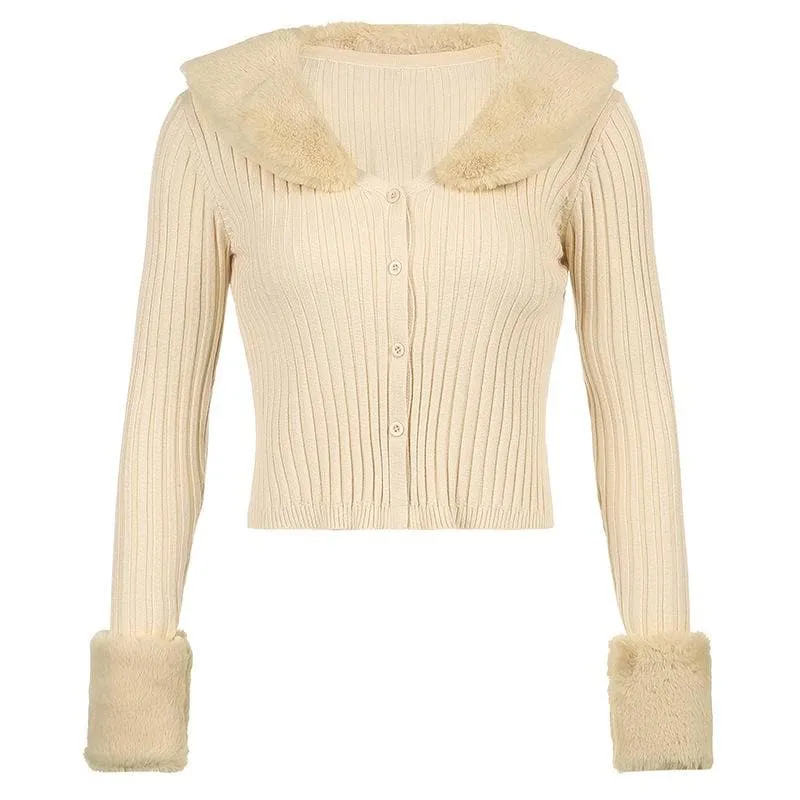 Button fluffy turnover collar knitted long sleeve cardigan top